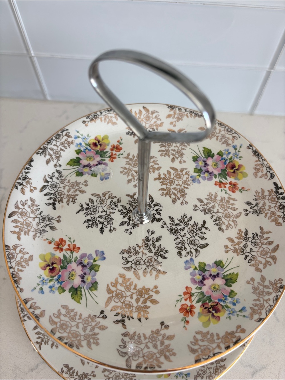 Vintage Barratt’s England Two-Tier Floral Serving Stand - Picture 2 of 4